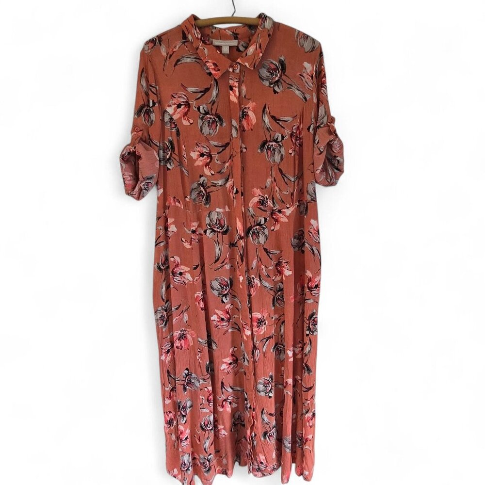 Woman Within Dark Peach Floral Print Dress 22W Roll Tab Sleeves Button Front - Picture 4 of 14